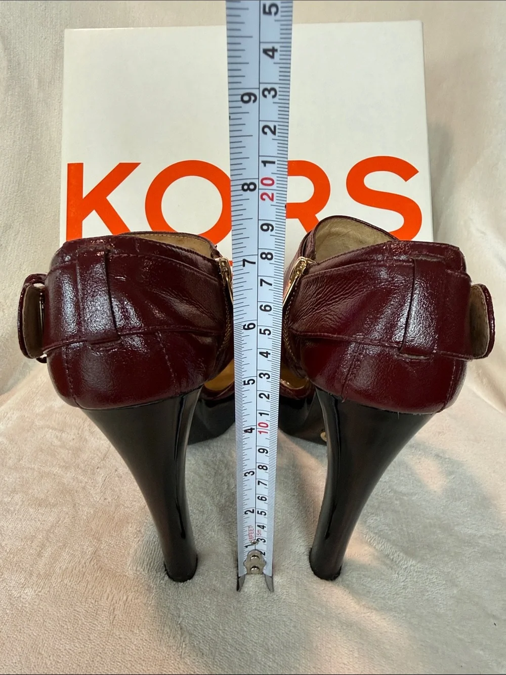 Michael Kors Darby Maroon PatentLeather Platform Stiletto Heels with Gold Buckle